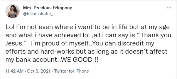 Fella Makafui hardwork effort